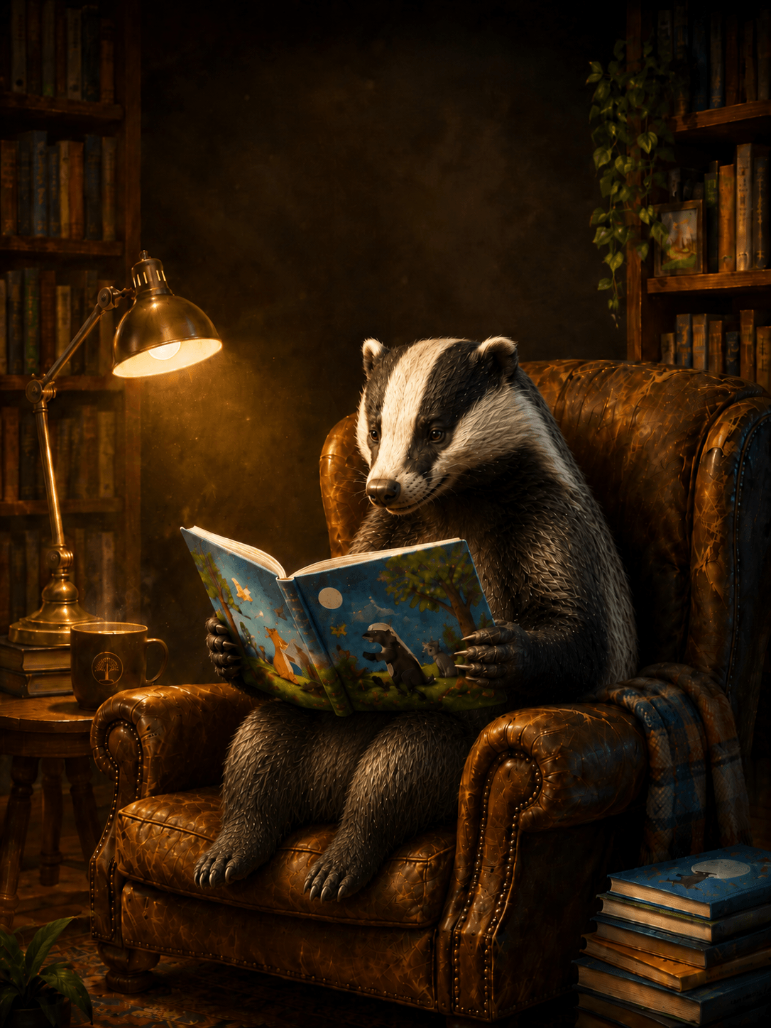 A badger reading a printable Badger Built Books storybook